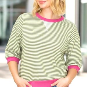 Contrast Band Striped 3/4 Sleeve Top