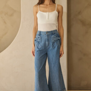 Bow Detail Washed Denim Wide Leg Pant