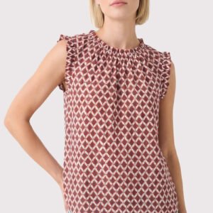 Elastic Frilled Neck Geo Printed Top